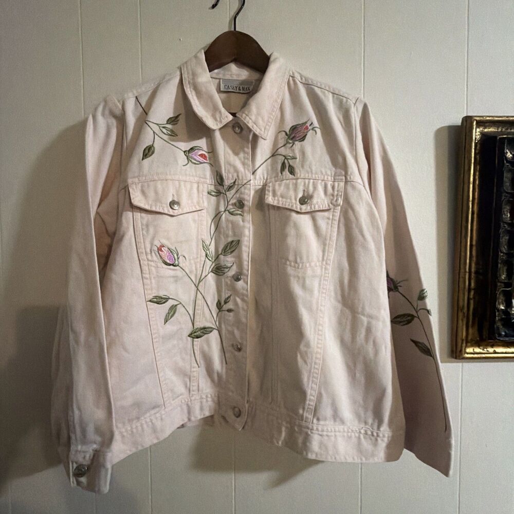 Casey & Max Embroidered Floral Denim Blue Cotton Jacket Women Size Large